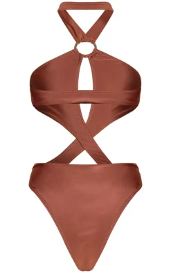 Brown Cut Out O Ring Halter Neck Swimsuit