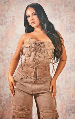 PrettyLittleThing Corsets*Denim Lace Up Front Corset Top