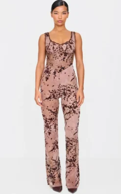 Devore Boning Detail Strappy Flared Jumpsuit-PrettyLittleThing Sale
