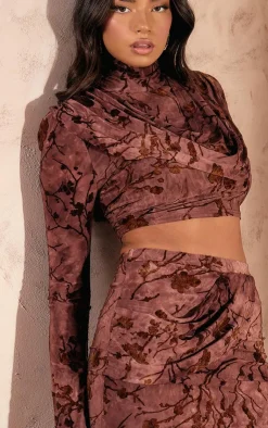 Best PrettyLittleThing Devore High Neck Drape Crop Top Brown