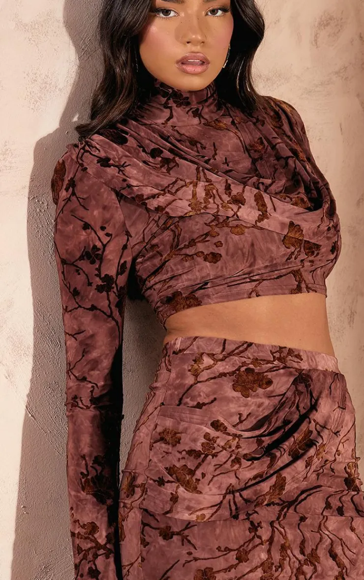 Best PrettyLittleThing Devore High Neck Drape Crop Top Brown
