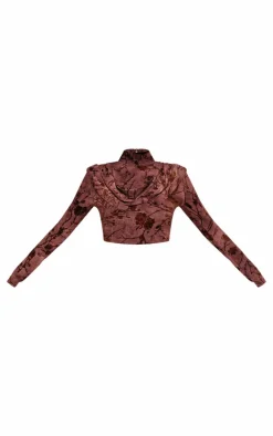 Best PrettyLittleThing Devore High Neck Drape Crop Top Brown