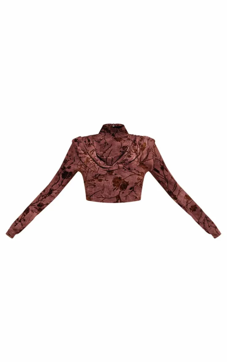 Best PrettyLittleThing Devore High Neck Drape Crop Top Brown