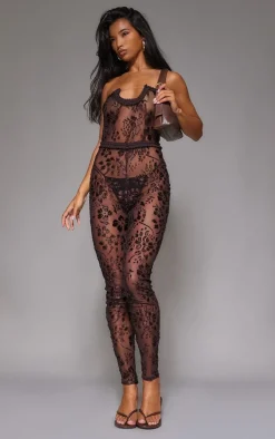 Devore Mesh Bandeau Jumpsuit-PrettyLittleThing Sale