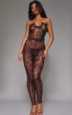 Devore Mesh Bandeau Jumpsuit-PrettyLittleThing Sale