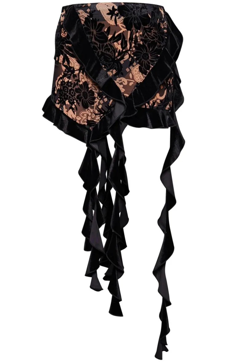 Devore Velvet Ruffle Mini Skirt-PrettyLittleThing