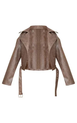 PrettyLittleThing Faux Leather Jackets*Distressed Faux Leather Relaxed Fit Belted Biker Jacket