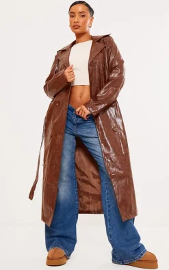 PrettyLittleThing Trench Coats*Distressed Faux Leather Double Breasted Trench Coat