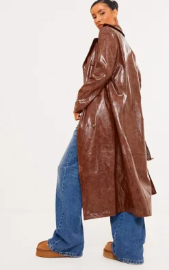 PrettyLittleThing Trench Coats*Distressed Faux Leather Double Breasted Trench Coat