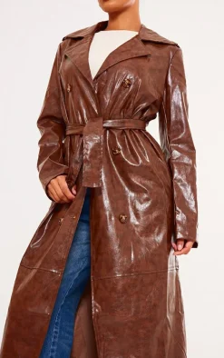 PrettyLittleThing Trench Coats*Distressed Faux Leather Double Breasted Trench Coat