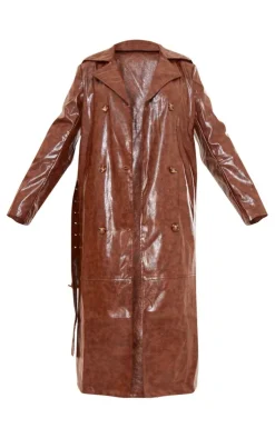 PrettyLittleThing Trench Coats*Distressed Faux Leather Double Breasted Trench Coat
