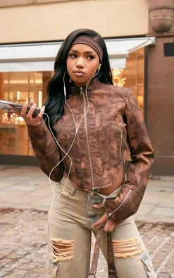 PrettyLittleThing Faux Leather Jackets*Distressed Faux Leather Star Embroidery Biker Jacket
