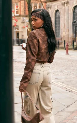 PrettyLittleThing Faux Leather Jackets*Distressed Faux Leather Star Embroidery Biker Jacket