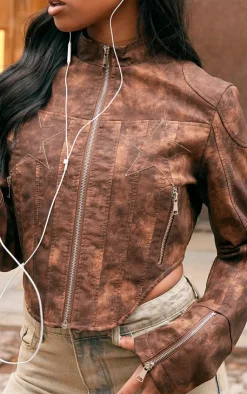 PrettyLittleThing Faux Leather Jackets*Distressed Faux Leather Star Embroidery Biker Jacket