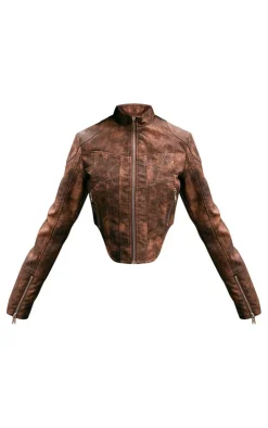 PrettyLittleThing Faux Leather Jackets*Distressed Faux Leather Star Embroidery Biker Jacket