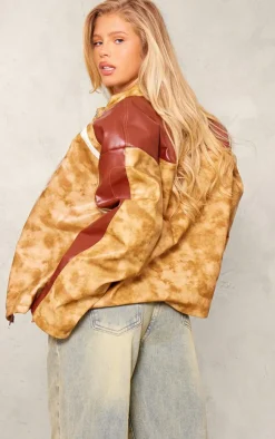 PrettyLittleThing Faux Leather Jackets*Distressed Faux Leather Contrast Sleeve Biker Jacket