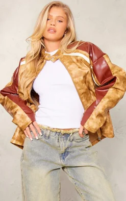 PrettyLittleThing Faux Leather Jackets*Distressed Faux Leather Contrast Sleeve Biker Jacket