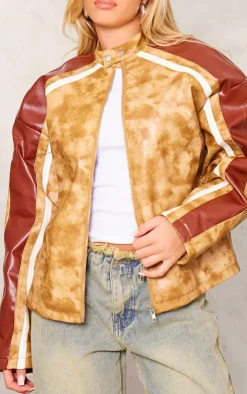 PrettyLittleThing Faux Leather Jackets*Distressed Faux Leather Contrast Sleeve Biker Jacket