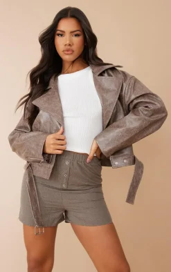 PrettyLittleThing Faux Leather Jackets*Distressed Faux Leather Belted Relaxed Fit Biker Jacket