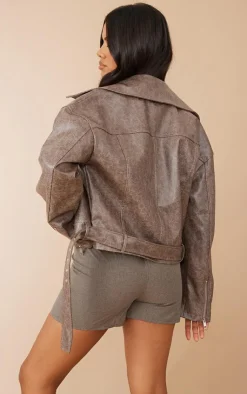 PrettyLittleThing Faux Leather Jackets*Distressed Faux Leather Belted Relaxed Fit Biker Jacket