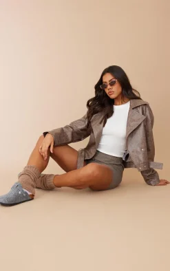 PrettyLittleThing Faux Leather Jackets*Distressed Faux Leather Belted Relaxed Fit Biker Jacket