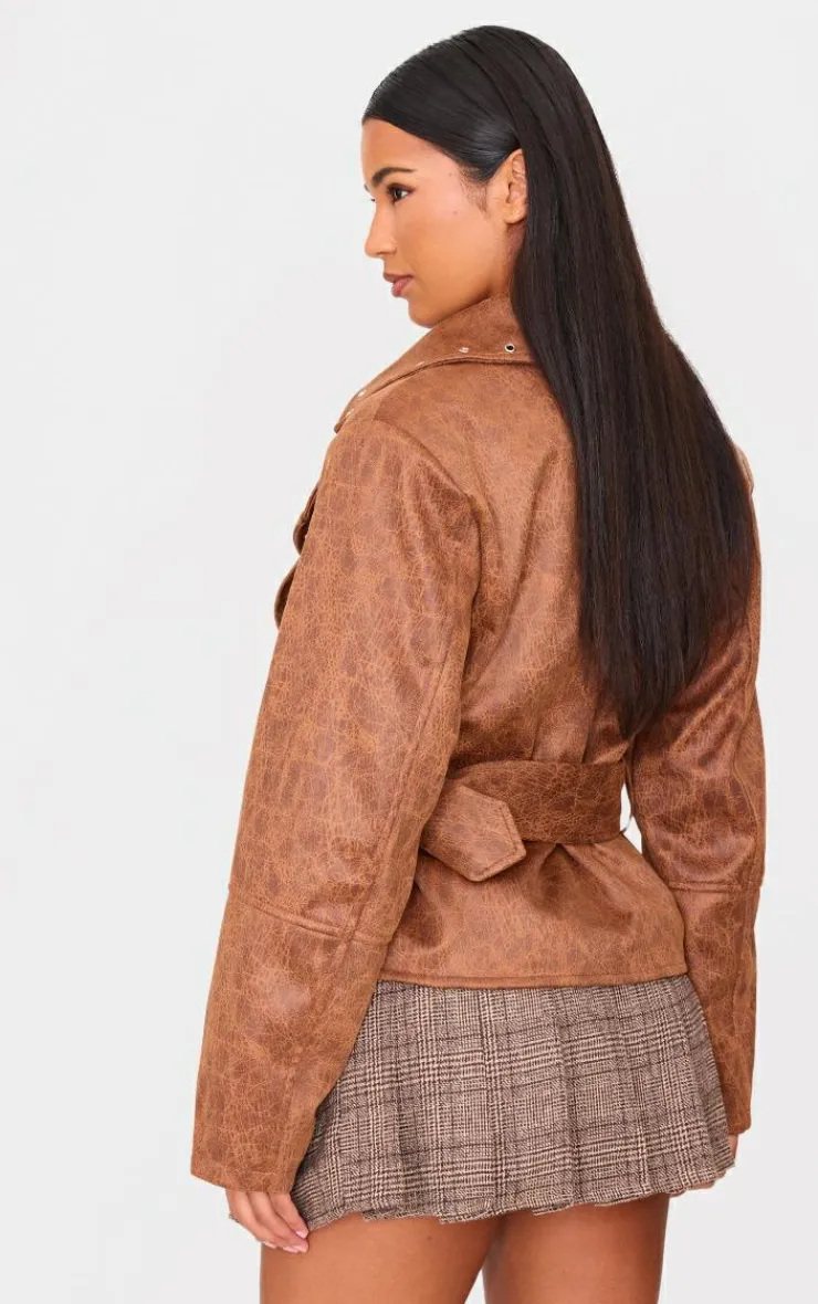 PrettyLittleThing Faux Leather Jackets*Distressed Faux Leather Belted Biker Jacket