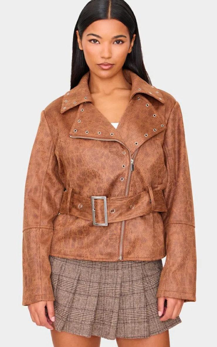 PrettyLittleThing Faux Leather Jackets*Distressed Faux Leather Belted Biker Jacket