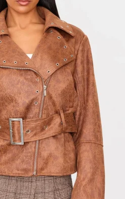 PrettyLittleThing Faux Leather Jackets*Distressed Faux Leather Belted Biker Jacket