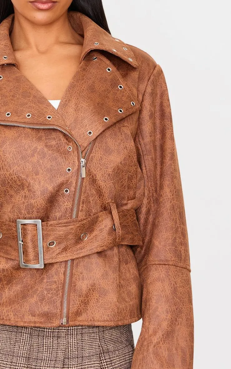 PrettyLittleThing Faux Leather Jackets*Distressed Faux Leather Belted Biker Jacket