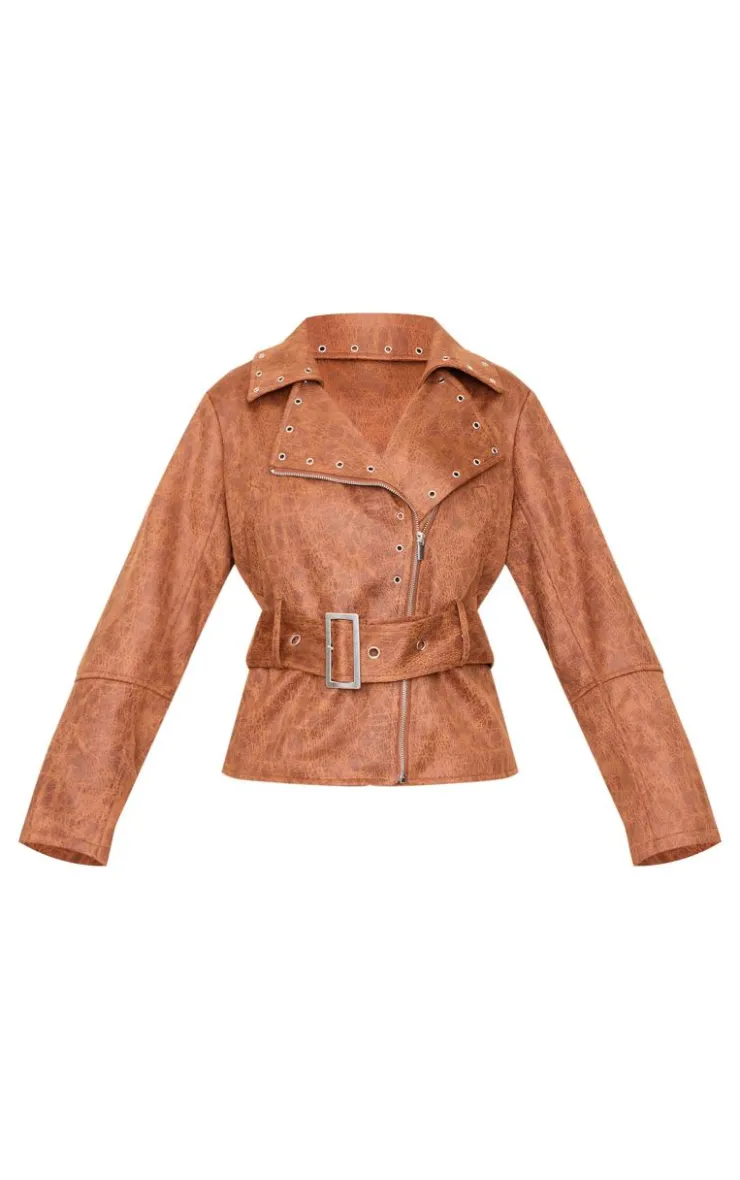 PrettyLittleThing Faux Leather Jackets*Distressed Faux Leather Belted Biker Jacket