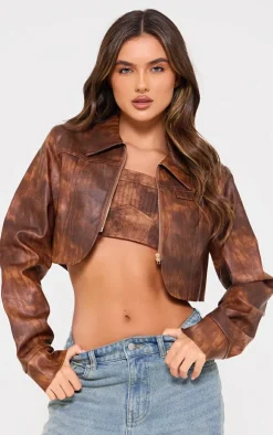 PrettyLittleThing Faux Leather Jackets*Distressed Faux Leather Curved Hem Cropped Jacket