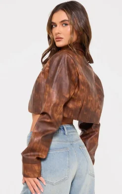 PrettyLittleThing Faux Leather Jackets*Distressed Faux Leather Curved Hem Cropped Jacket