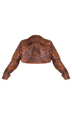 PrettyLittleThing Faux Leather Jackets*Distressed Faux Leather Curved Hem Cropped Jacket