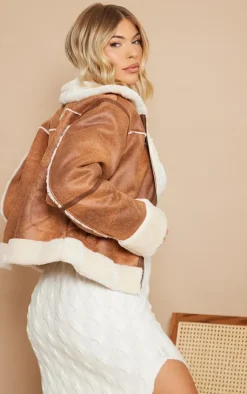 PrettyLittleThing Faux Fur Coats*Distressed Faux Suede Faux Fur Lined Cropped Jacket