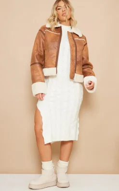 PrettyLittleThing Faux Fur Coats*Distressed Faux Suede Faux Fur Lined Cropped Jacket