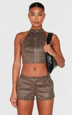 PrettyLittleThing Distressed Faux Suede Eyelet Zip Up Top Brown