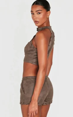 PrettyLittleThing Distressed Faux Suede Eyelet Zip Up Top Brown