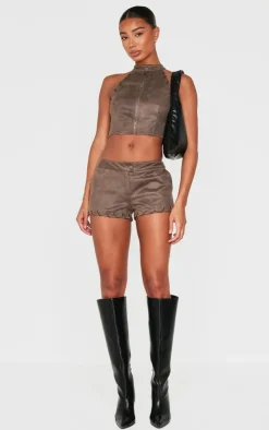 PrettyLittleThing Distressed Faux Suede Eyelet Zip Up Top Brown