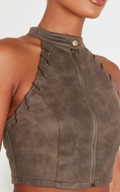 PrettyLittleThing Distressed Faux Suede Eyelet Zip Up Top Brown