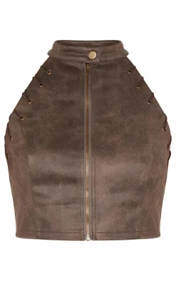 PrettyLittleThing Distressed Faux Suede Eyelet Zip Up Top Brown