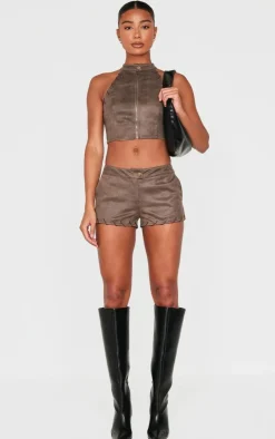 New PrettyLittleThing Distressed Faux Suede Eyelet Hotpants Brown