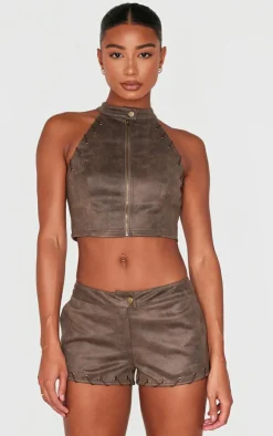 New PrettyLittleThing Distressed Faux Suede Eyelet Hotpants Brown