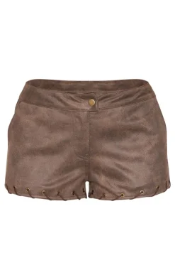 New PrettyLittleThing Distressed Faux Suede Eyelet Hotpants Brown