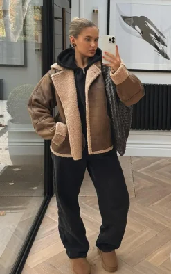 PrettyLittleThing Aviator Jackets*Distressed Look Faux Leather Borg Lined Aviator Jacket