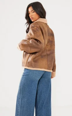PrettyLittleThing Aviator Jackets*Distressed Look Faux Leather Borg Lined Aviator Jacket