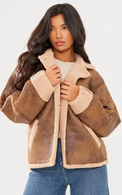 PrettyLittleThing Aviator Jackets*Distressed Look Faux Leather Borg Lined Aviator Jacket