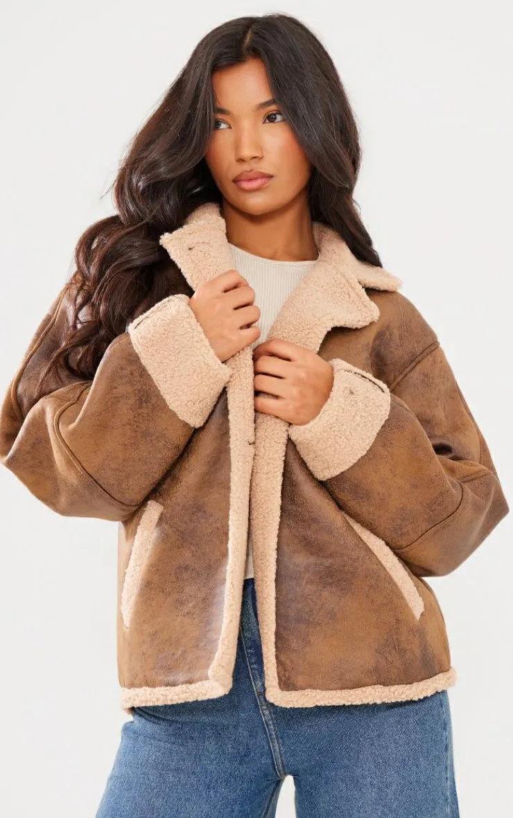 PrettyLittleThing Aviator Jackets*Distressed Look Faux Leather Borg Lined Aviator Jacket