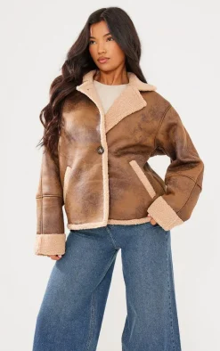PrettyLittleThing Aviator Jackets*Distressed Look Faux Leather Borg Lined Aviator Jacket