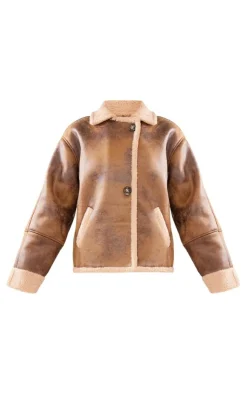 PrettyLittleThing Aviator Jackets*Distressed Look Faux Leather Borg Lined Aviator Jacket