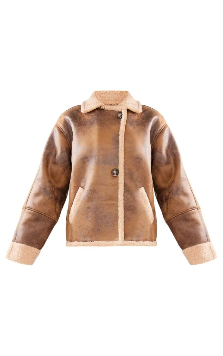 PrettyLittleThing Aviator Jackets*Distressed Look Faux Leather Borg Lined Aviator Jacket